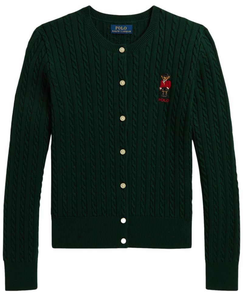 Girls' 7-16 Polo Bear Mini-Cable Cotton Cardigan