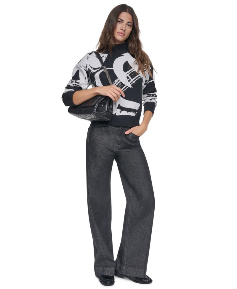 Women's Mock Neck Heart Brushstroke Long-Sleeve Pullover Sweater