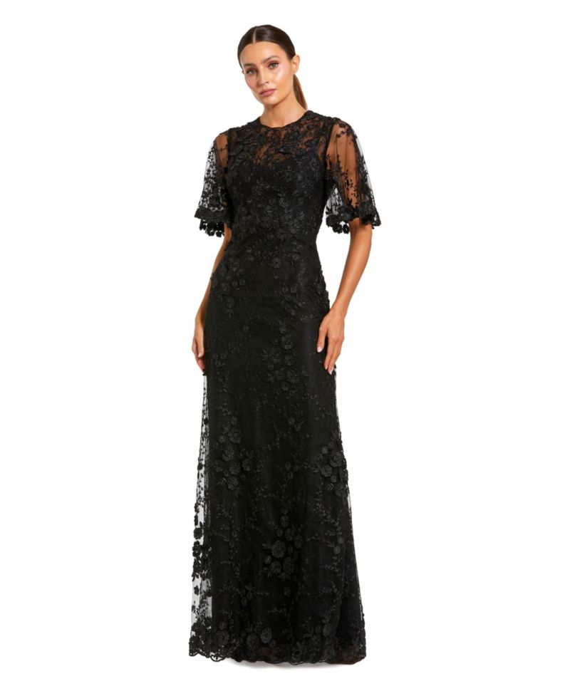 Petite Flutter Sleeve Floral Embroidered Net Gown