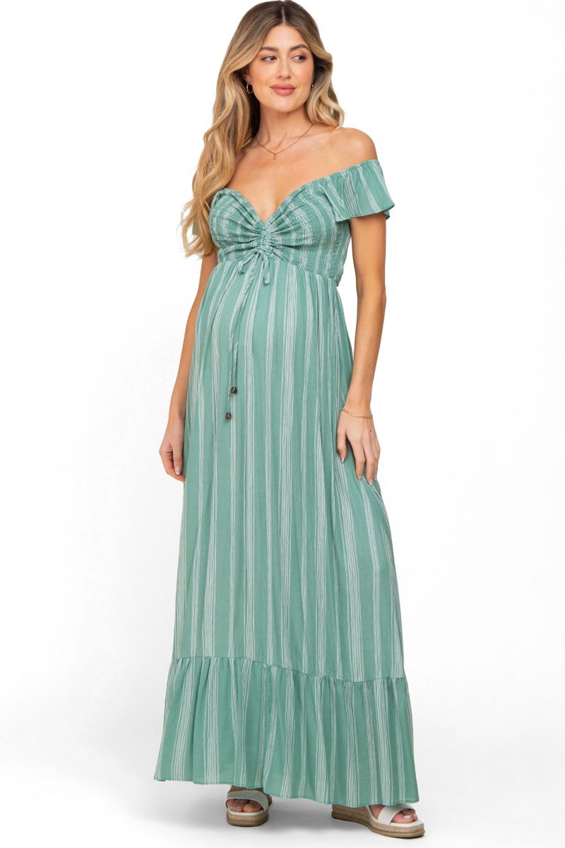 Women's Green Striped Off Shoulder Front Tie Maxi Dress