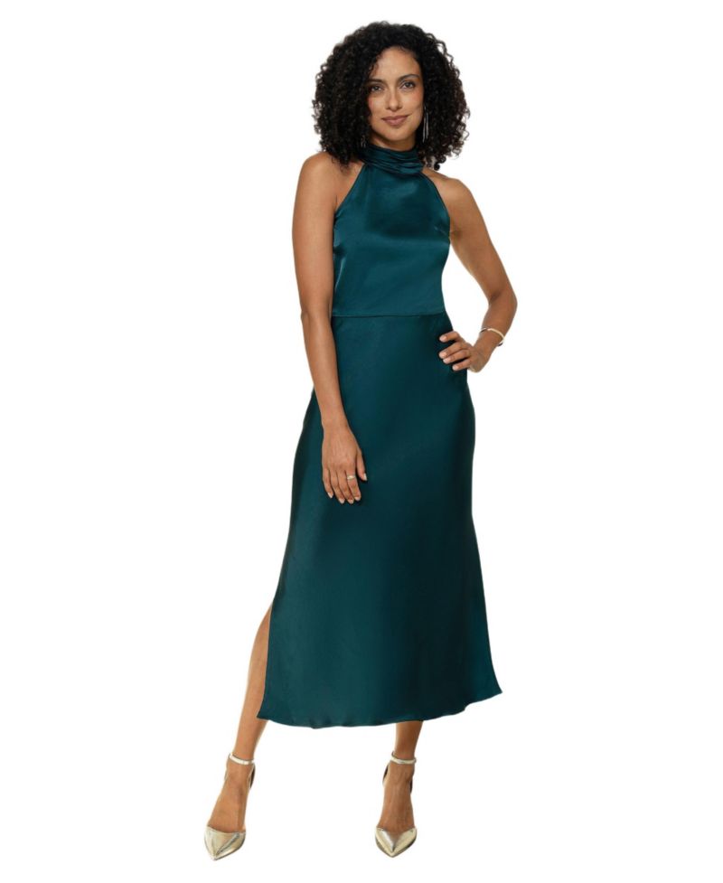 Women's Satin Halter Neck Midi Dress