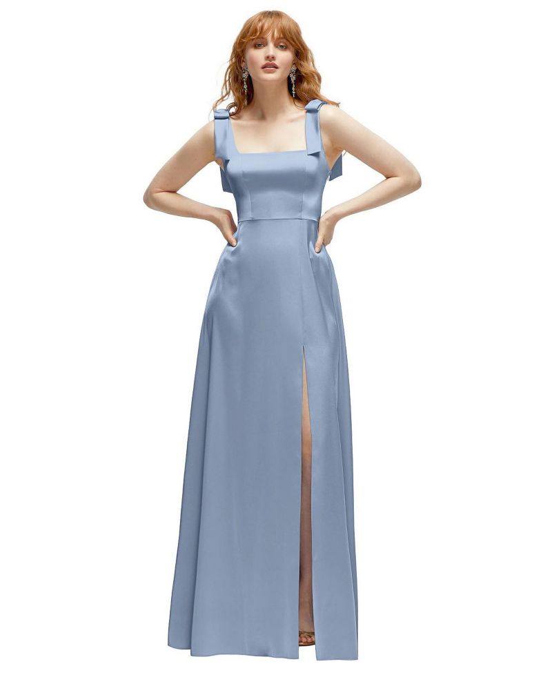 Women's Square Neck Fluid Satin Maxi Dress with Bow Straps