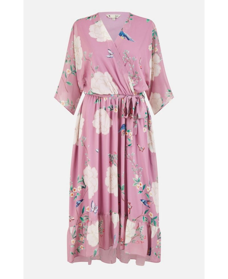Women's Bird And Floral Print Midi Wrap Dress