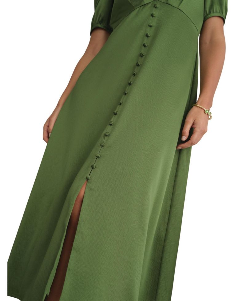 Women's Button Front Puff Sleeve Midi Dress