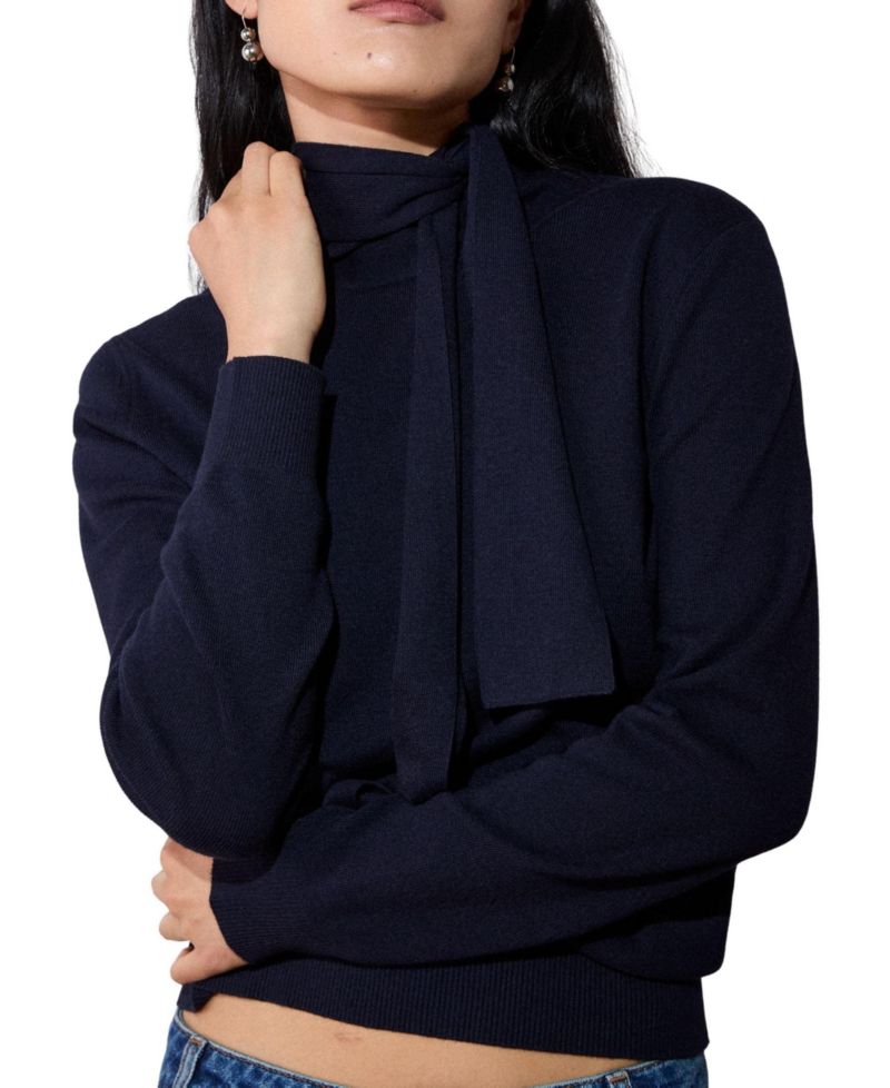 Women's Tie-Neck Long-Sleeve Fitted Knit Jumper