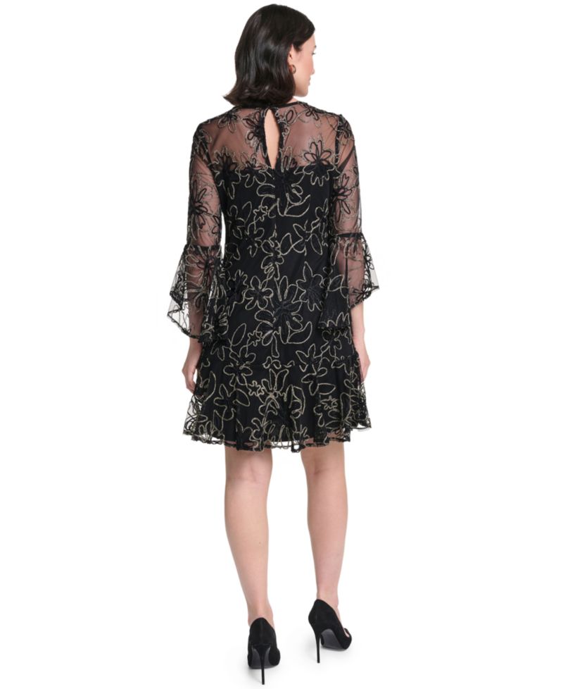 Petite A-Line Bell-Sleeve Floral-Print Dress