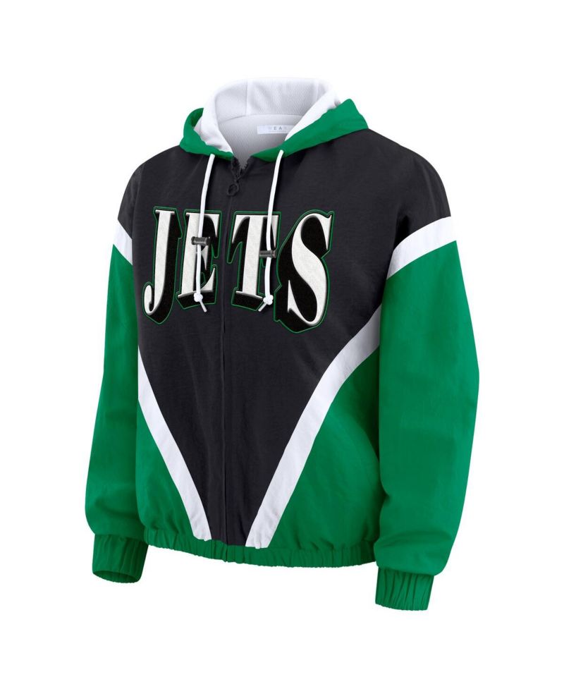 Women's Kelly Green/Black New York Jets Retro Crinkle Full-Zip Hoodie Windbreaker Jacket