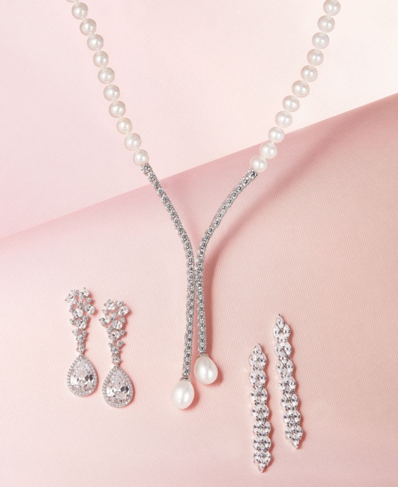 Cultured Freshwater Pearl (5mm & 10 x 8mm) & Cubic Zirconia Lariat Necklace in Sterling Silver