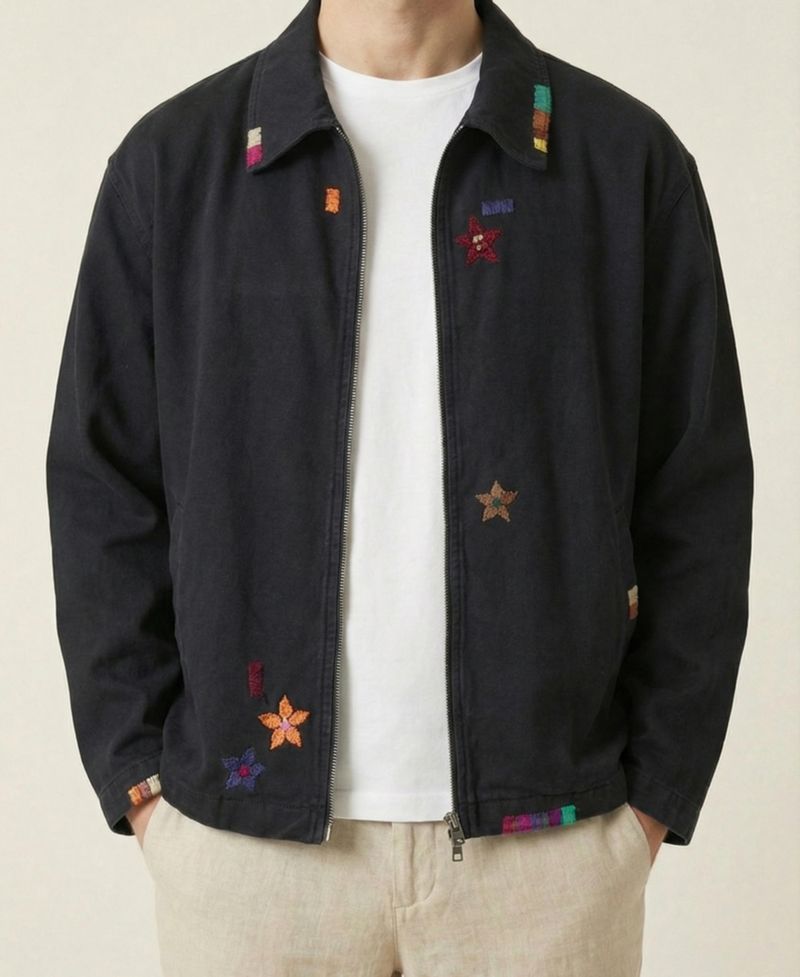 Men's Embroidered Contrast-Trim Zip-Front Jacket