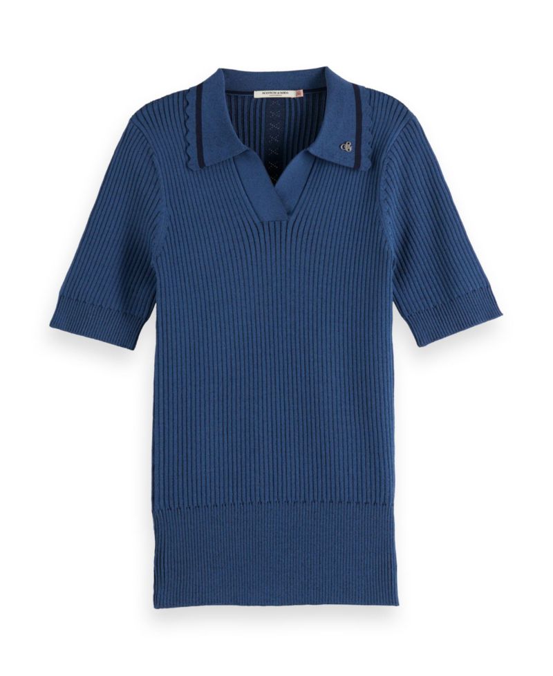 Women's Rib Polo Neck Short Sleeve Pullover