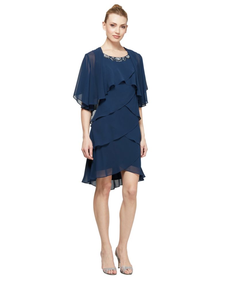 Embellished Tiered Chiffon Dress & Capelet