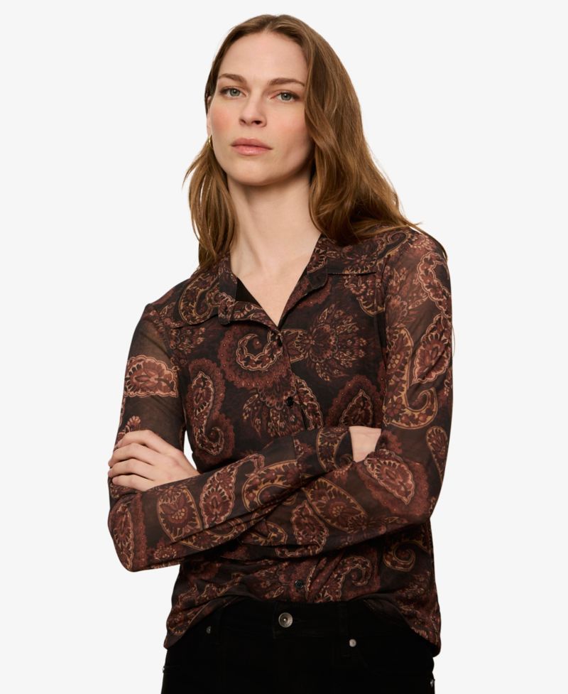 Petite Long-Sleeve Mesh Paisley Blouse