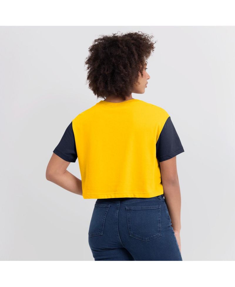 Women's Maize/Navy Michigan Wolverines Color-Block Script Dri-FIT Cropped T-Shirt