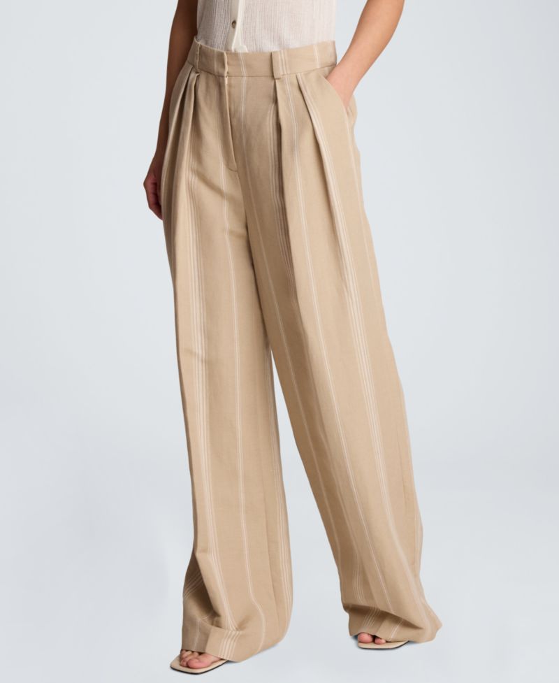 Women's High Rise Fly Front Pleated Wide Leg Linen Pants