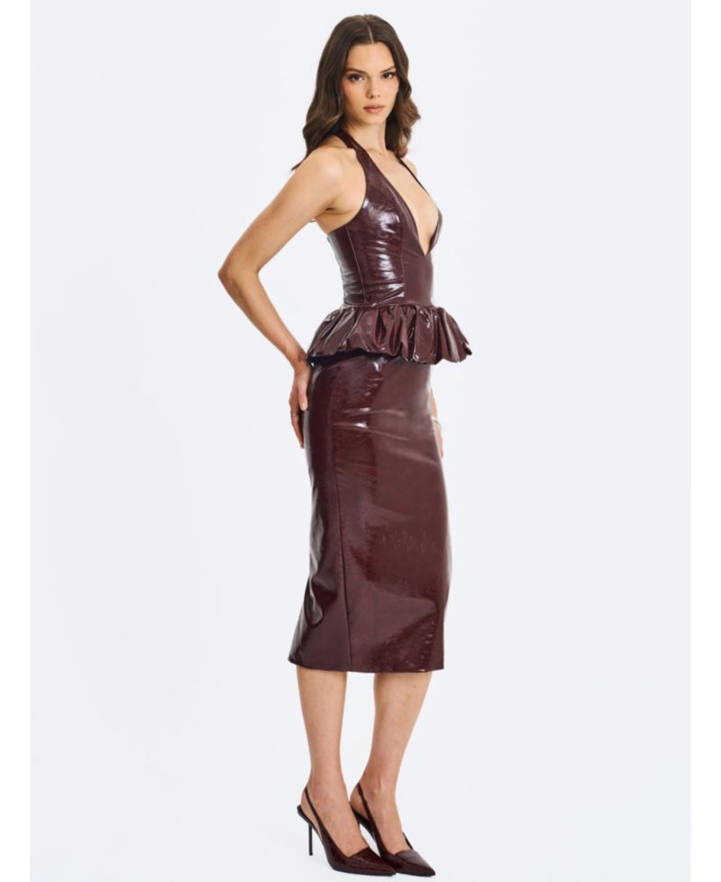 Women's Jaslene Mahogany Ruched Peplum Plunge Halter Midi Dress