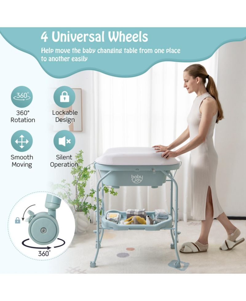 Baby Changing Table with Bathtub, Folding Diaper Station with Wheels