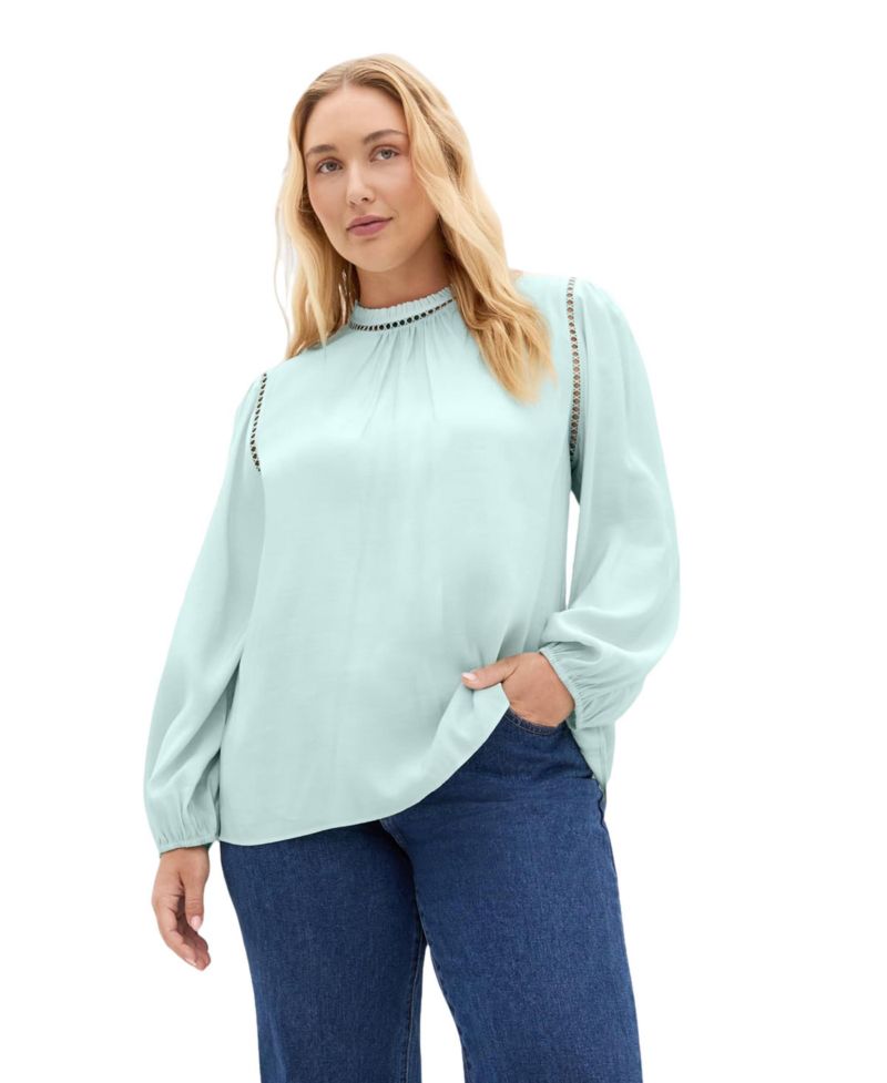 Plus Size Lorena Mock-Neck Ladder-Stitch Detail Top