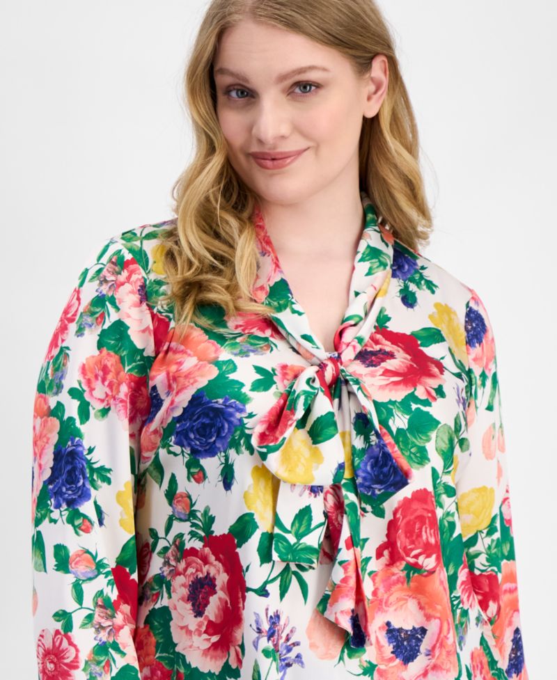 ASL Plus Size Floral Print Tie-Neck Blouse