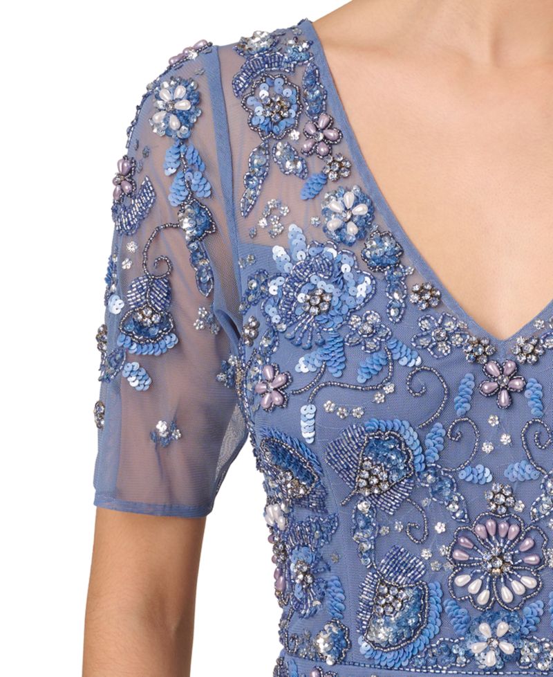Women's V-Neck Beaded Short-Sleeve Mesh Gown