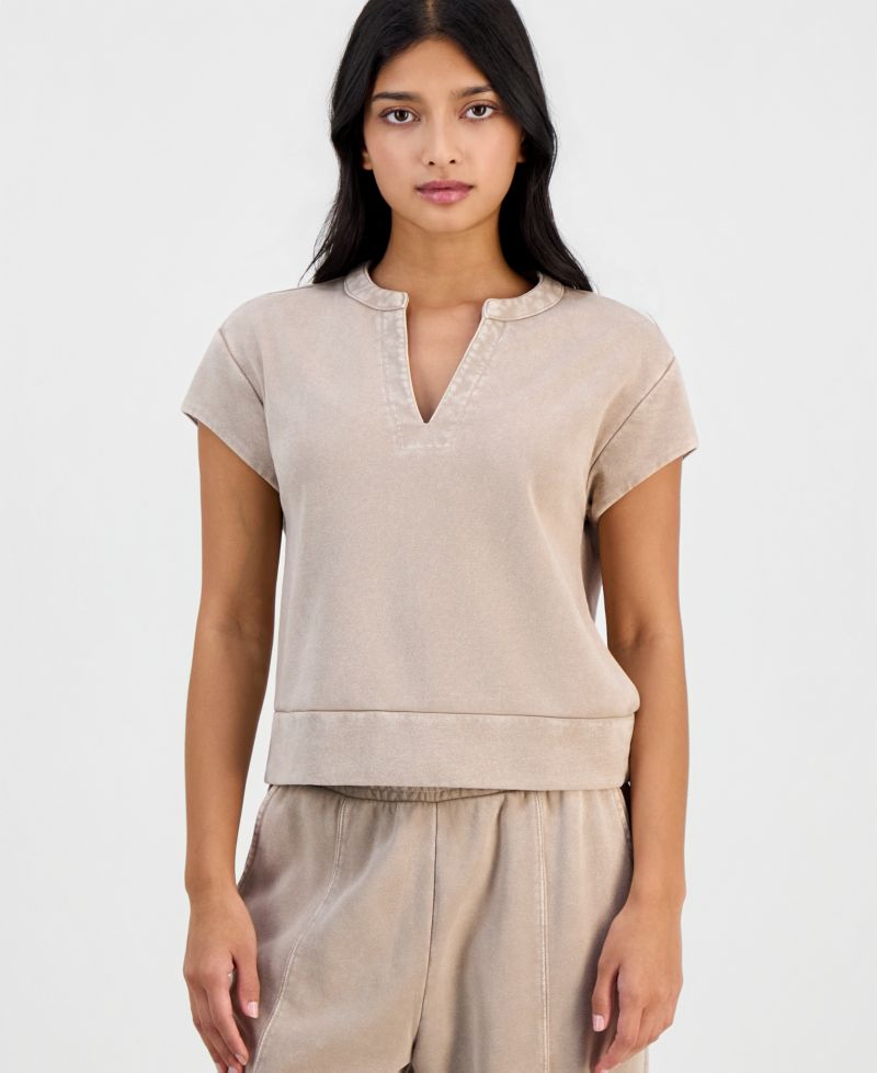 Petite French Terry Split-Neck Cap-Sleeve Top