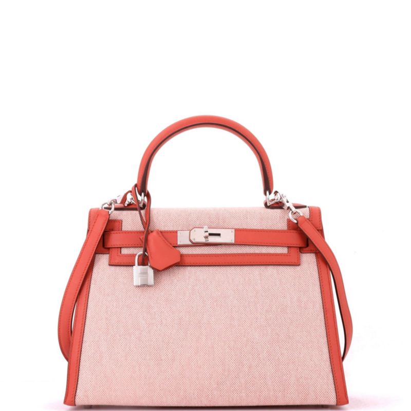 Kelly 28 Handbag Toile and Brown Swift with Palladium Hardware