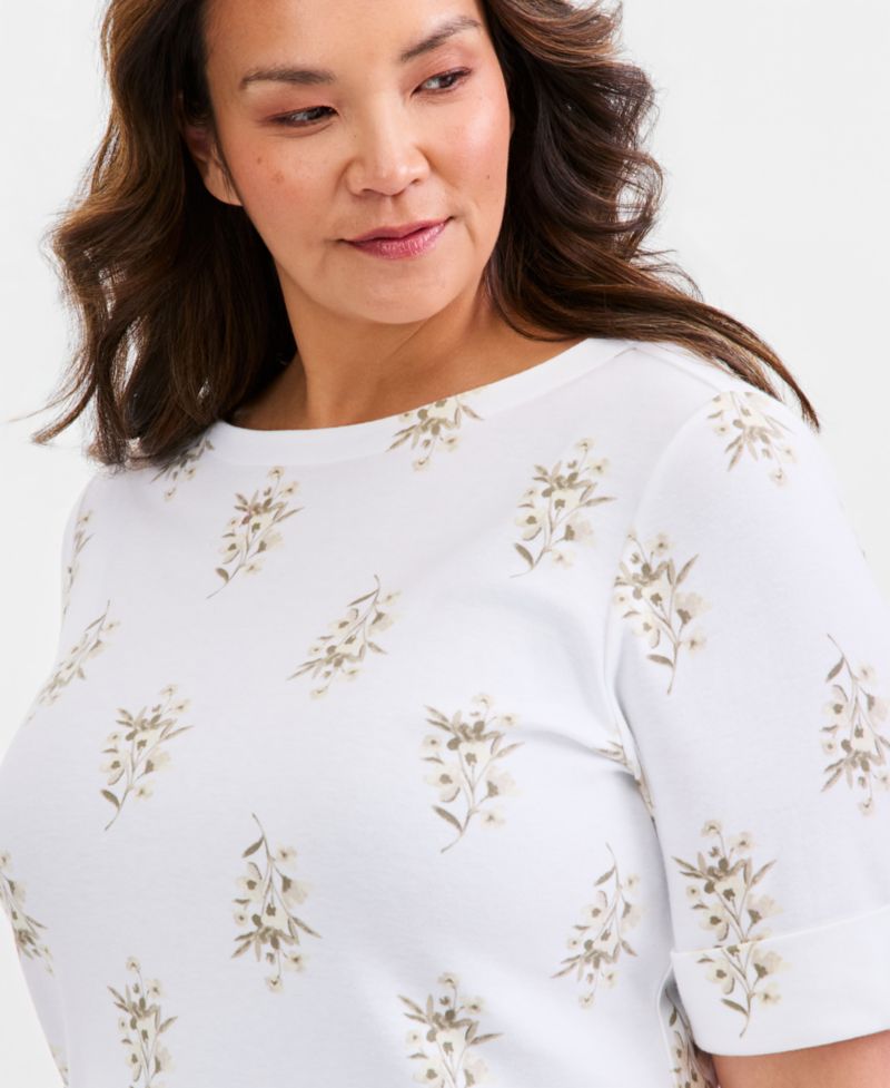 Plus Size Printed Boat-Neck Elbow-Sleeve Top