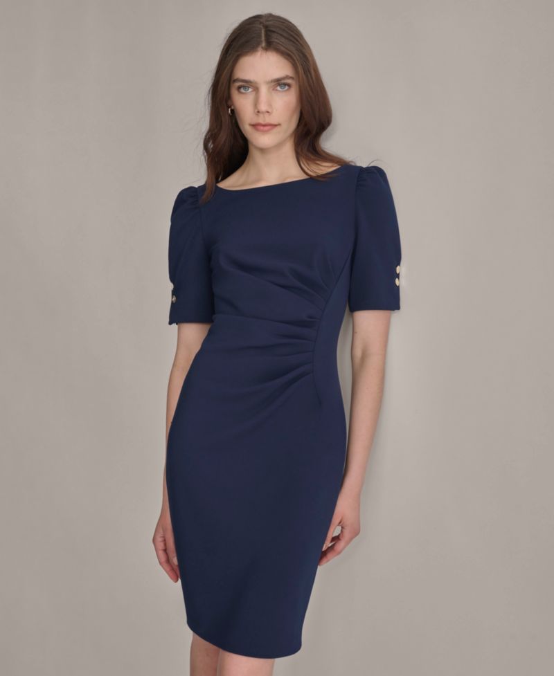 Petite Ruched Jewel Neck Sheath Dress