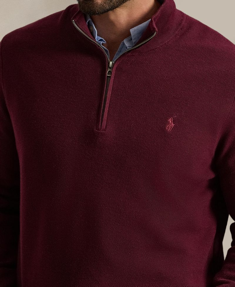 Men's Mesh-Knit Quarter-Zip Cotton Sweater