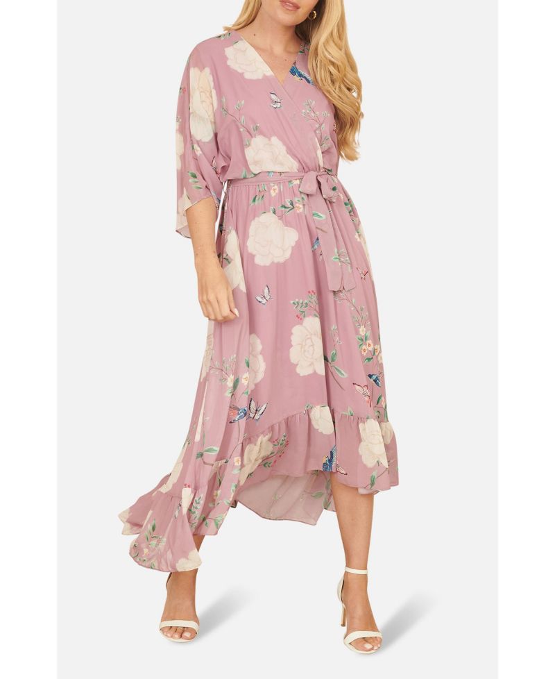 Women's Bird And Floral Print Midi Wrap Dress