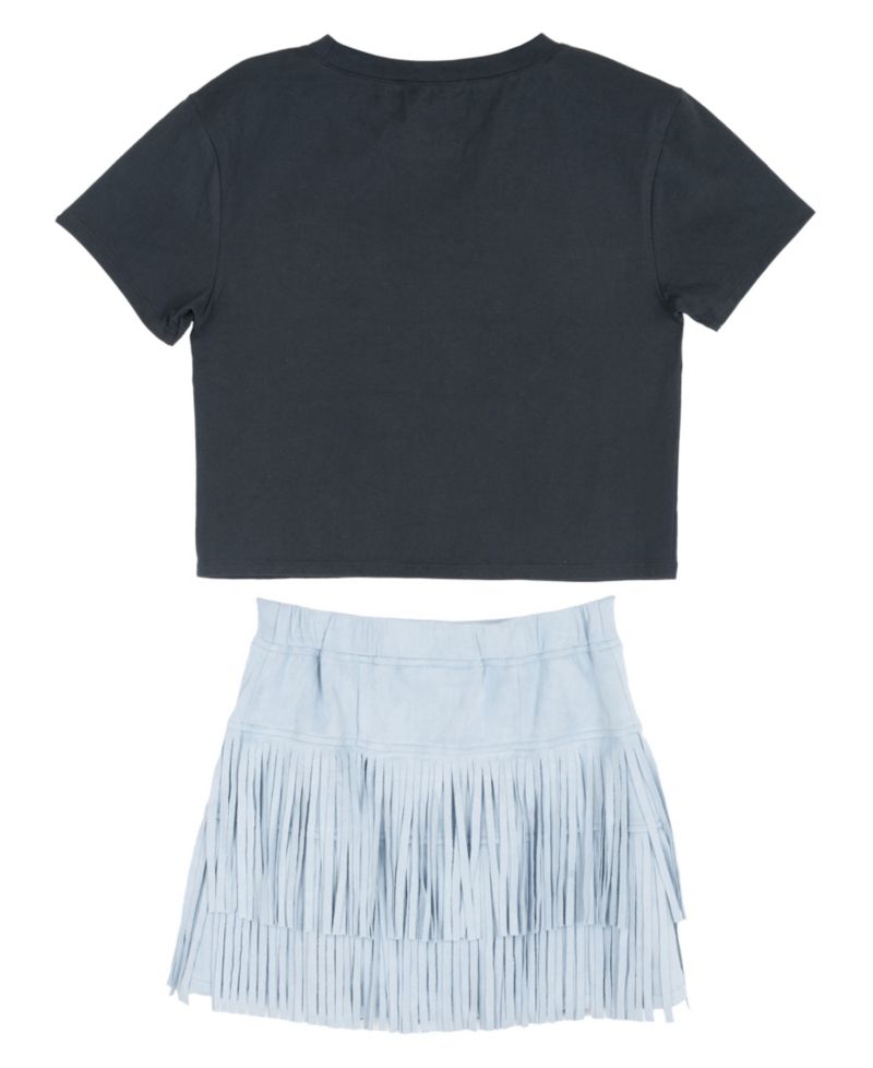 Girls' 7-20 Graphic Fringe Cropped T-Shirt, Skirt, and Necklace, 3-Piece Set