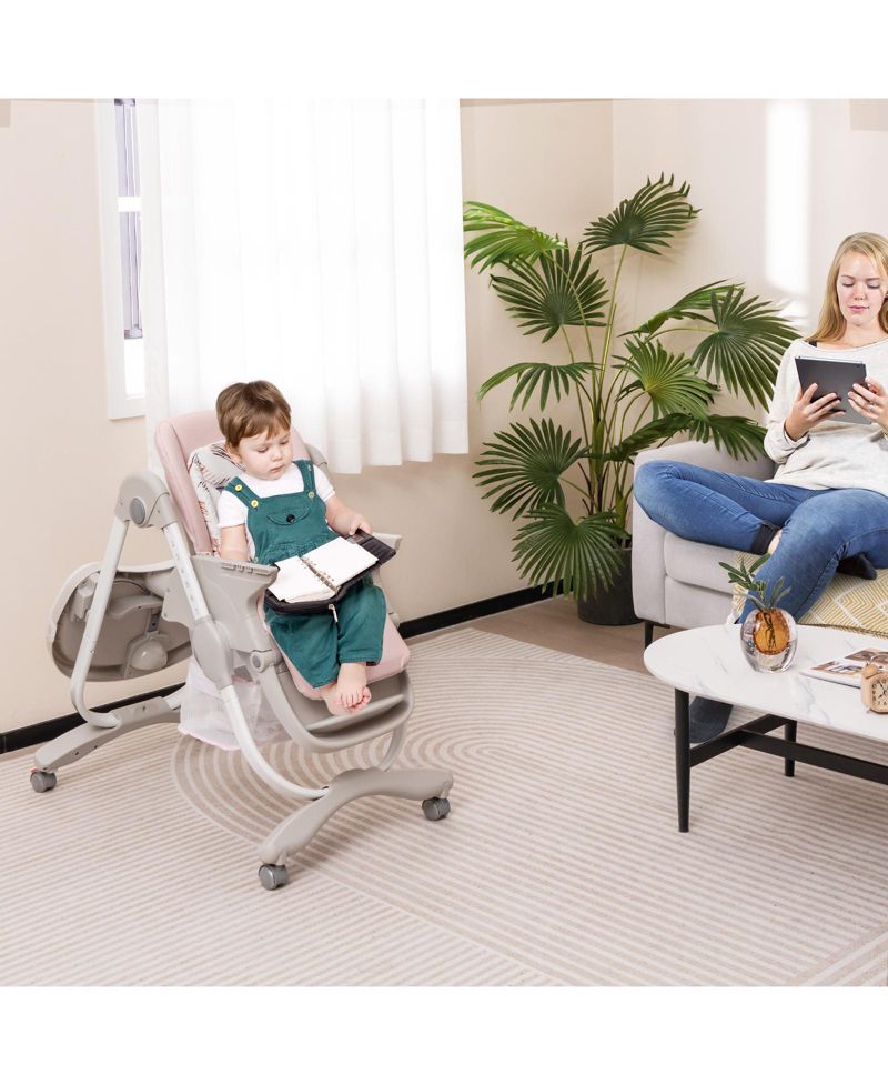 Kids Multifunctional Folding High Chair with Rolling Wheels and Adjustable Height