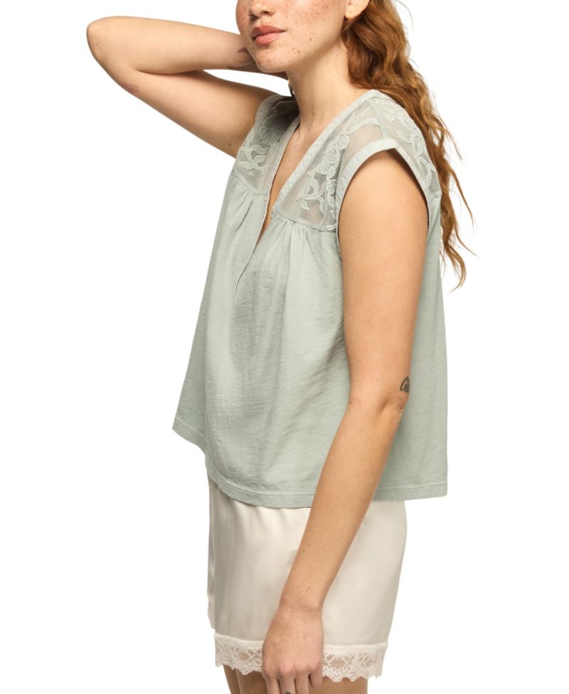 Women's V-Neck Mesh Embroidered Yoke T-Shirt