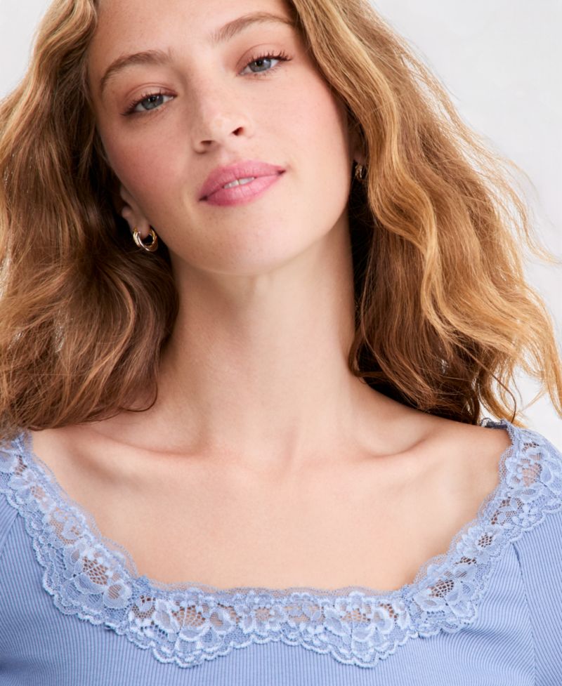 Petite Lace-Trim Scoop-Neck Long-Sleeve Top