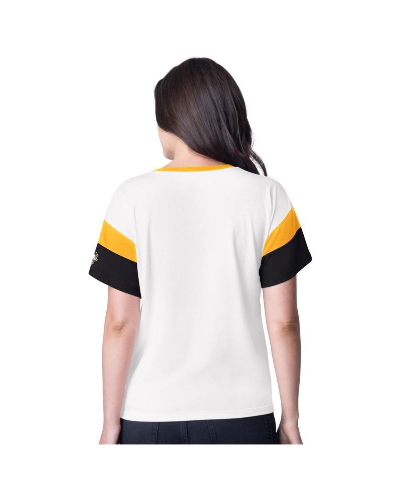 Women's White Pittsburgh Penguins Rink Oversized Rhinestone V-Neck T-Shirt