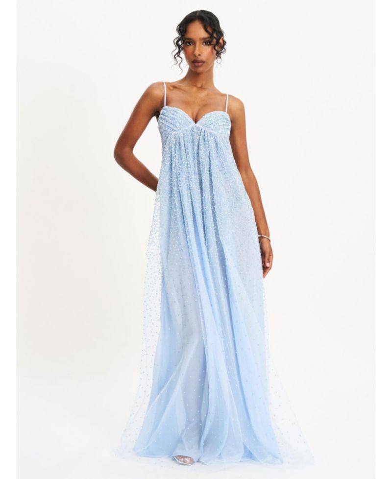 Women's Wallie Baby Blue Rhinestone Embellished Mesh Backless Gown
