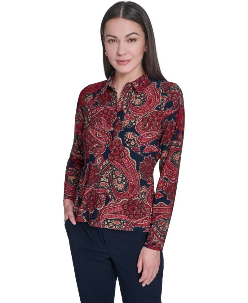 Women's Long-Sleeve Paisley Print Collared Top