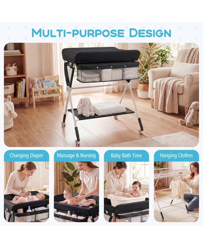 3-Level Adjustable Portable Baby Changing Table with Wheels