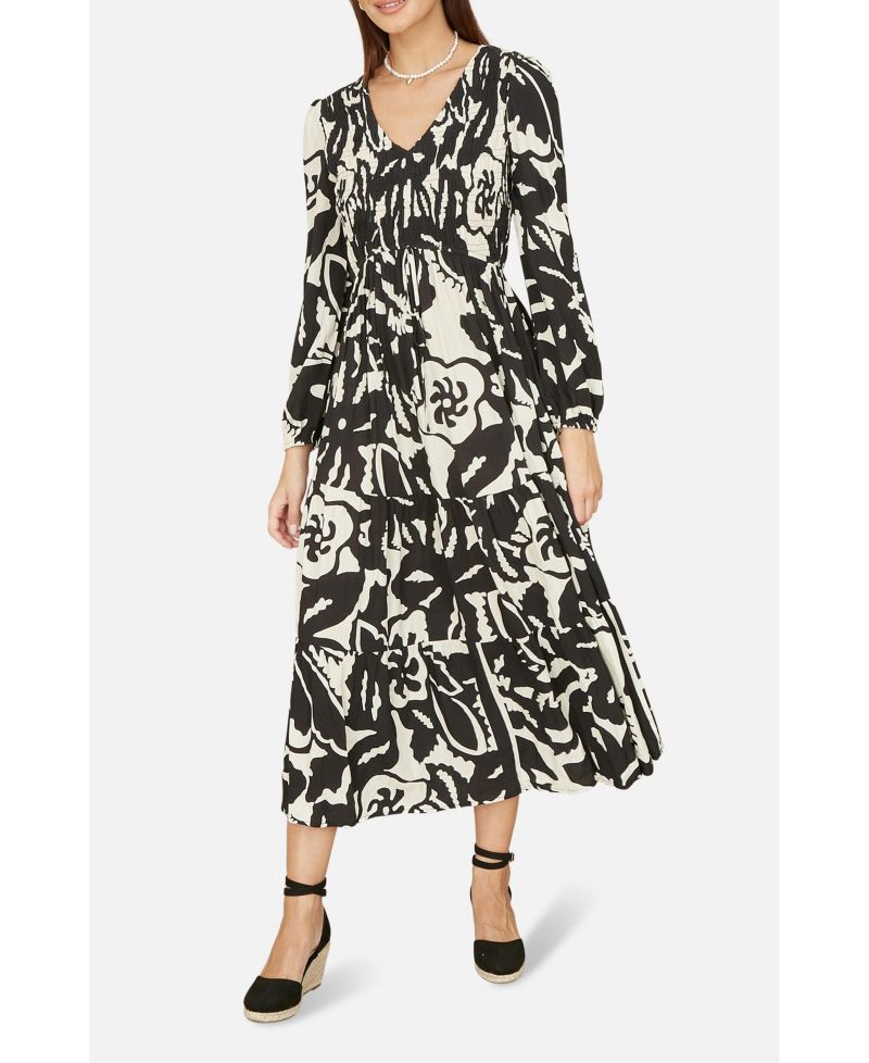 Women's Abstract Print Ruched V-Neck Midi Dress