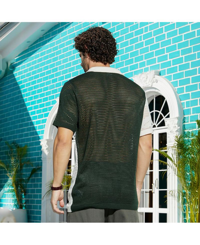 Men's Emerald Green & Cream White Block Open-Knit Polo Shirt