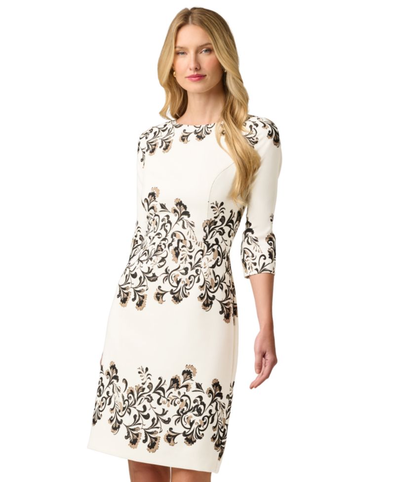 Women's Floral-Print Sheath Three-Quarter Sleeve Dress