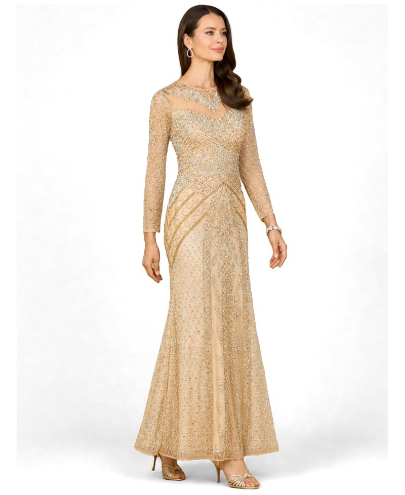Women's Illusion Neck Long Sleeve Beaded Gown