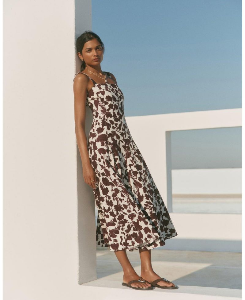 Women's Floral-Print Sleeveless A-Line Linen-Blend Midi Dress