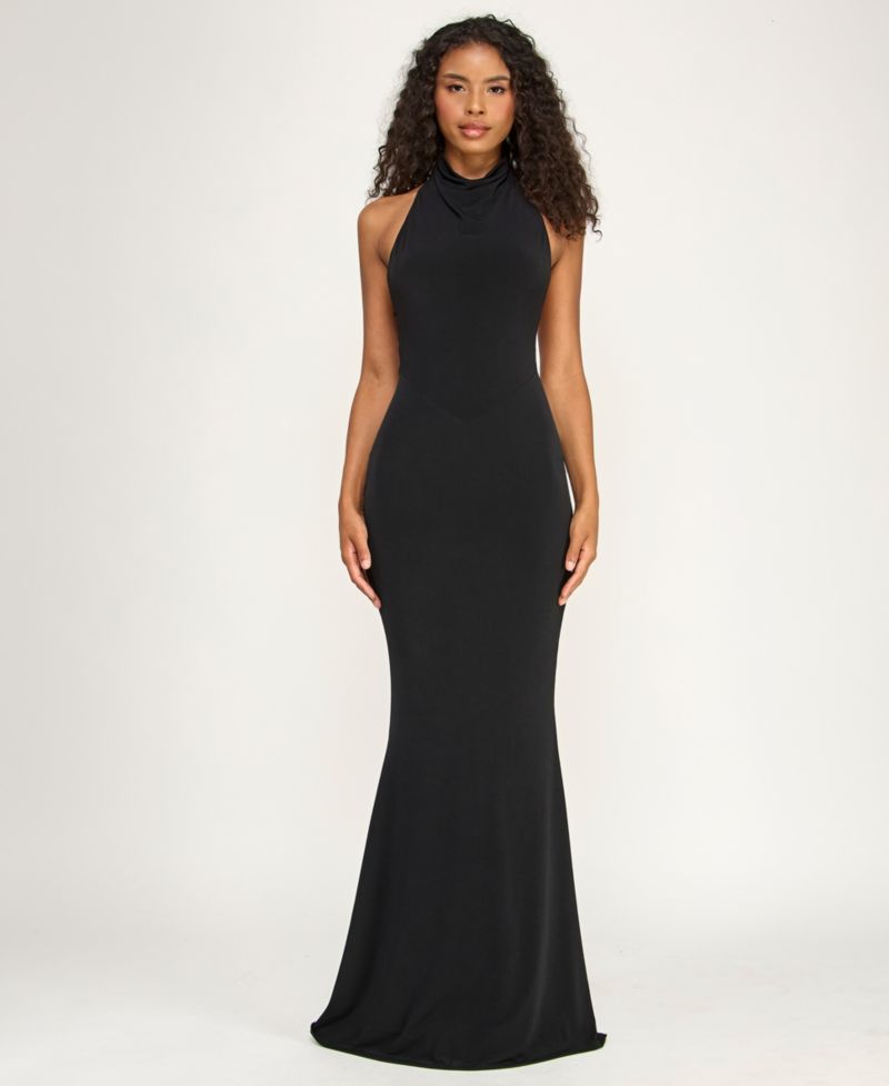 Juniors' Drape Halter Neck V-Waist Detail Gown