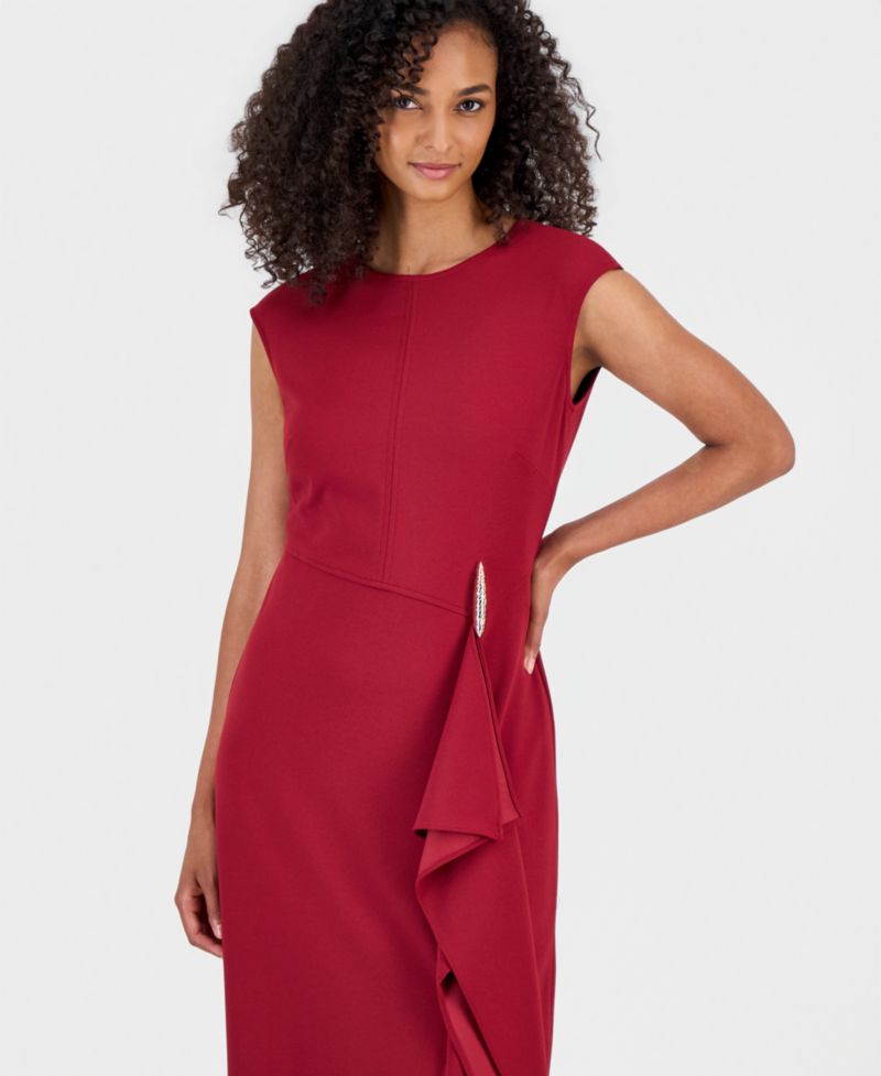 Women's Cocktail Fitted Cascade Ruffle Midi Dress