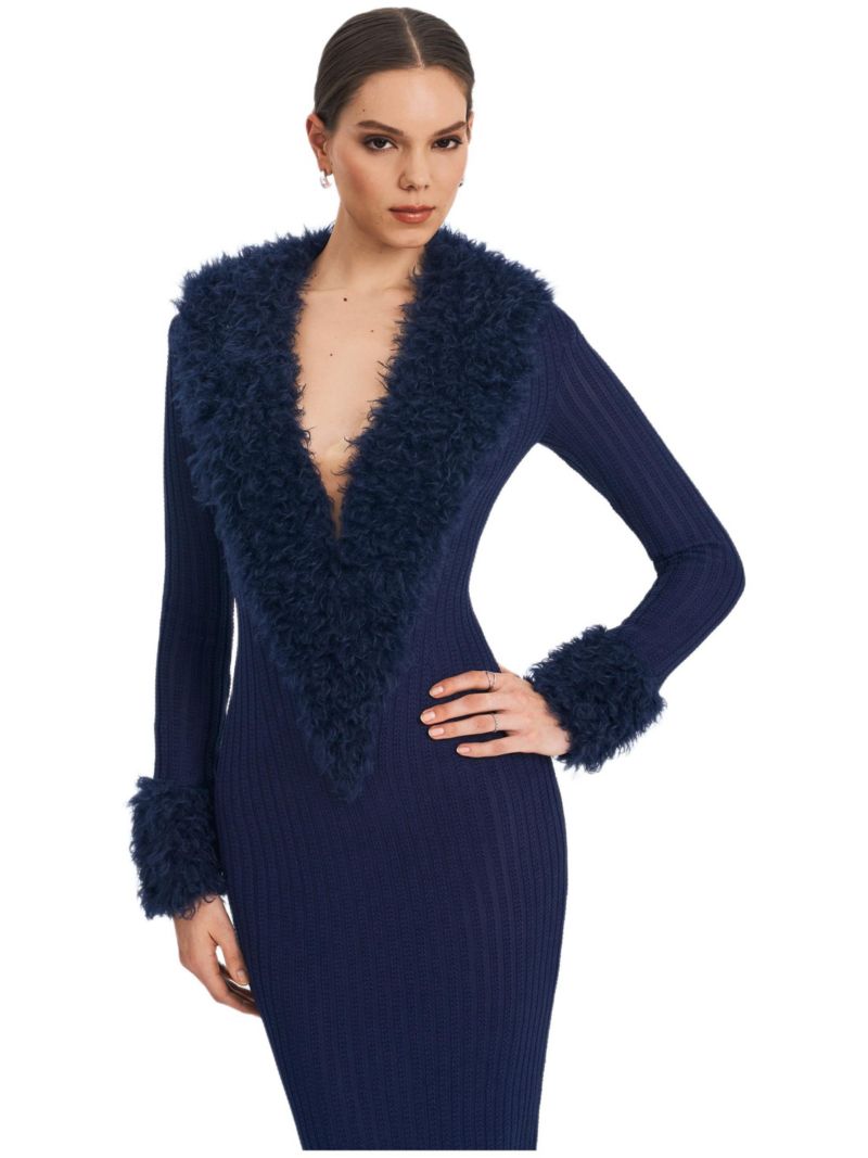 Women's Romina Plunging Faux Fur Trimmed Crochet Maxi Dress