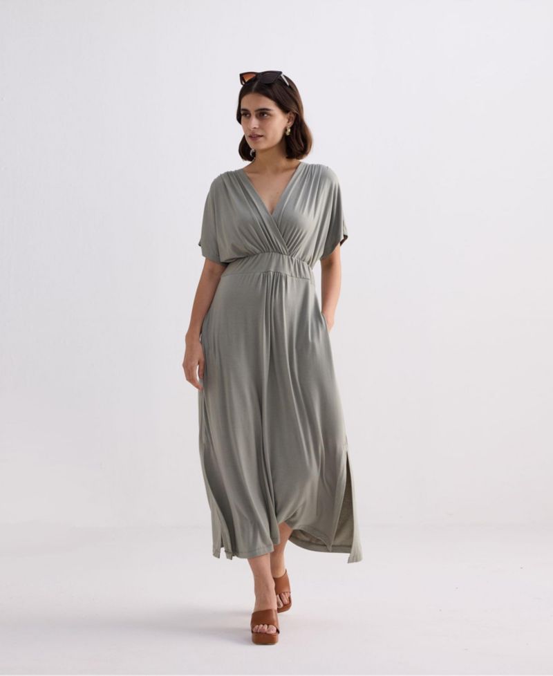 Women's FLowy A-Line Maxi Dress with Side Slits in Light Olive