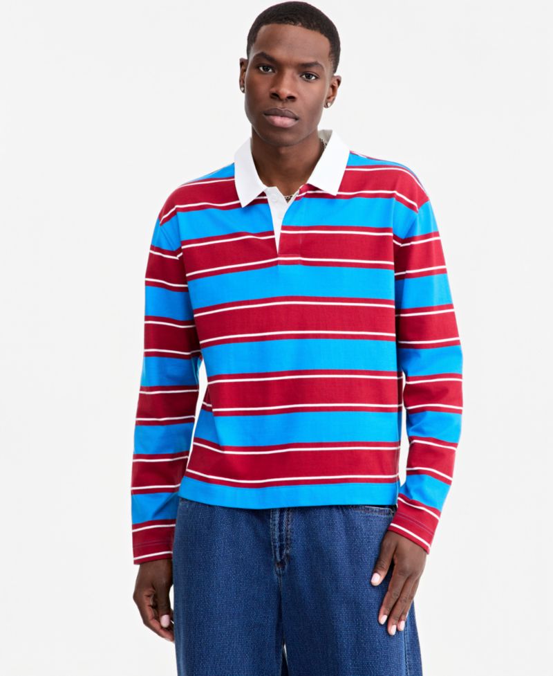 Men's Striped Rugby Long Sleeve Relaxed-Fit Cotton Polo Shirt