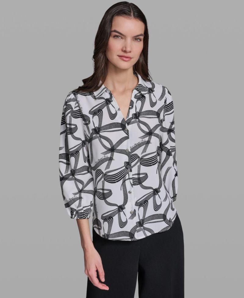 Women's Bow Print Woven Collared Top