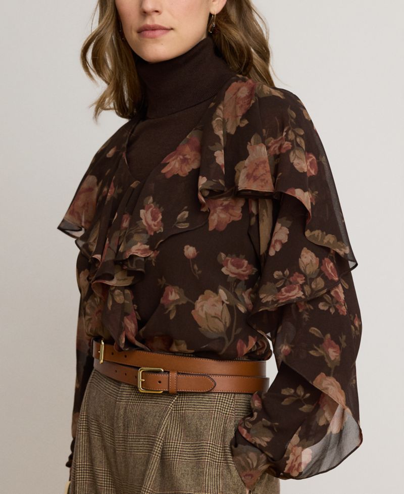 Petite Floral Ruffle-Trim Chiffon V-Neck Blouse