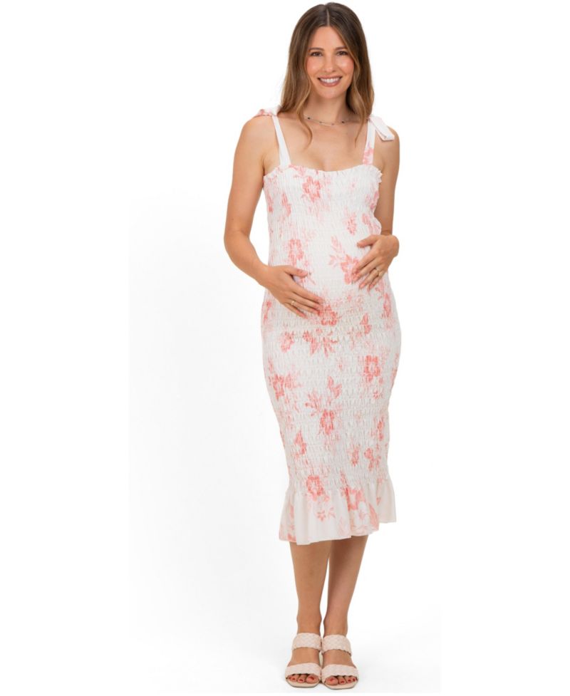 Women's Peach Floral Shoulder Tie Fitted Midi Dress